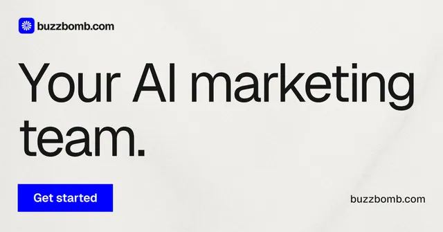 Social ad for BuzzBomb: "Your AI marketing team." Swiss style, poster layout, light palette in white, grey.