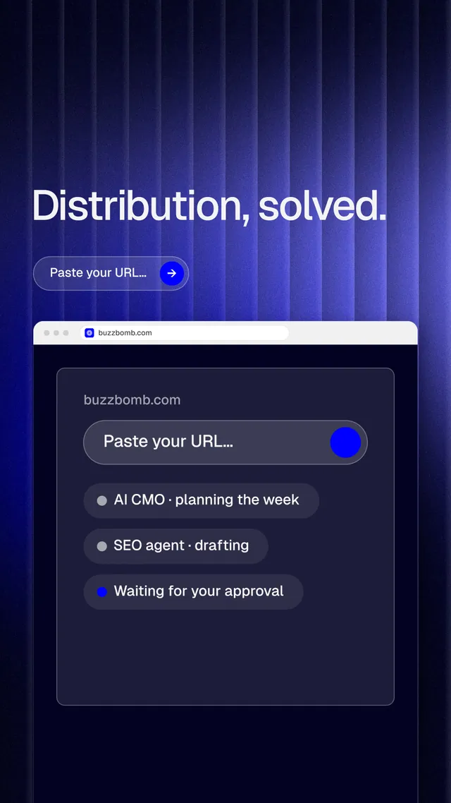 Instagram story for BuzzBomb: "Distribution, solved." Agentic glass style, browser layout, dark palette in blue, black.