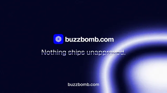 Landscape graphic for BuzzBomb: "Nothing ships unapproved." Agentic glass style, end card layout, dark palette in black, blue.