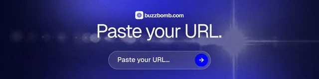 LinkedIn banner for BuzzBomb: "Paste your URL." Agentic glass style, skeleton layout, dark palette in blue.