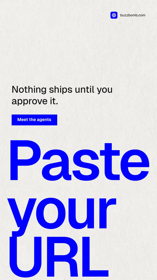 Instagram story for BuzzBomb: "Paste your URL." Swiss style, oversized layout, light palette in white, blue.