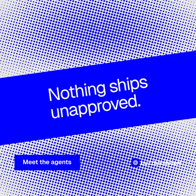Instagram post for BuzzBomb: "Nothing ships unapproved." Swiss style, diagonal layout, light palette in blue.