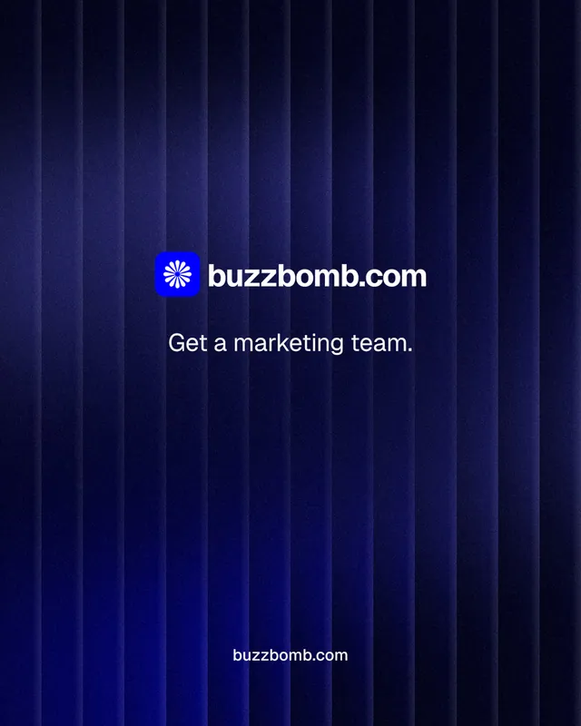 Instagram portrait post for BuzzBomb: "Get a marketing team." Minimal luxury style, end card layout, dark palette in black, blue.