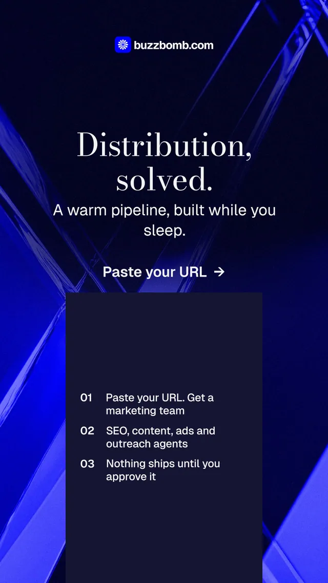 Instagram story for BuzzBomb: "Distribution, solved." Minimal luxury style, skeleton layout, dark palette in black, blue.