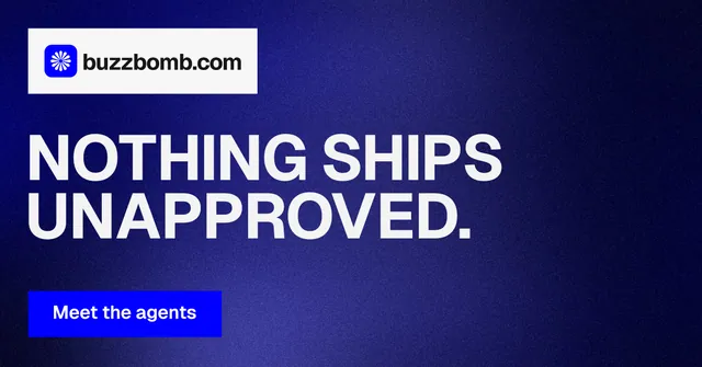 Social ad for BuzzBomb: "Nothing ships unapproved." Swiss style, announce layout, dark palette in blue.