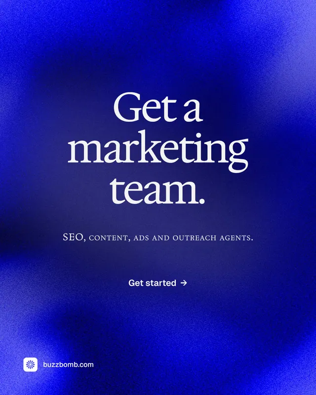 Instagram portrait post for BuzzBomb: "Get a marketing team." Swiss style, smallcaps layout, dark palette in blue.