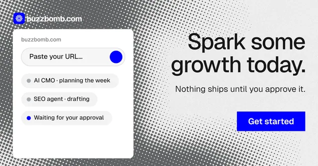 Social ad for BuzzBomb: "Spark some growth today." Swiss style, right layout, light palette in white, grey.