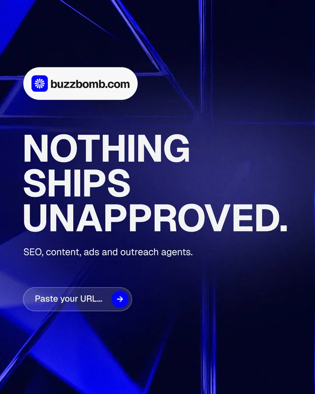 Instagram portrait post for BuzzBomb: "Nothing ships unapproved." Agentic glass style, announce layout, dark palette in black, blue, grey.