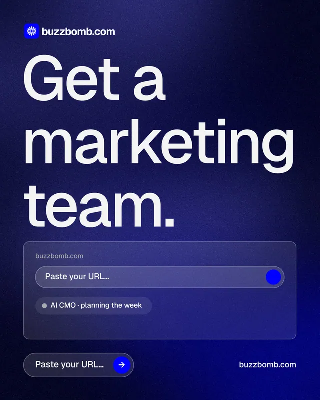 Instagram portrait post for BuzzBomb: "Get a marketing team." Agentic glass style, poster layout, dark palette in black, blue, grey.