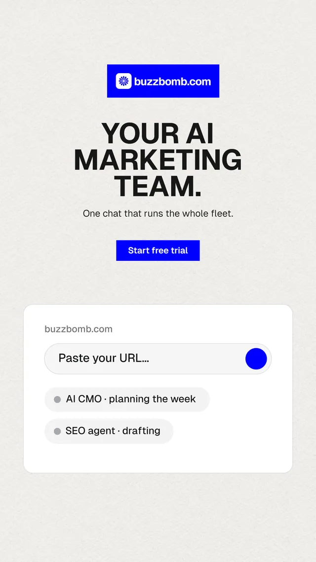 Instagram story for BuzzBomb: "Your AI marketing team." Swiss style, centred layout, light palette in white, blue.