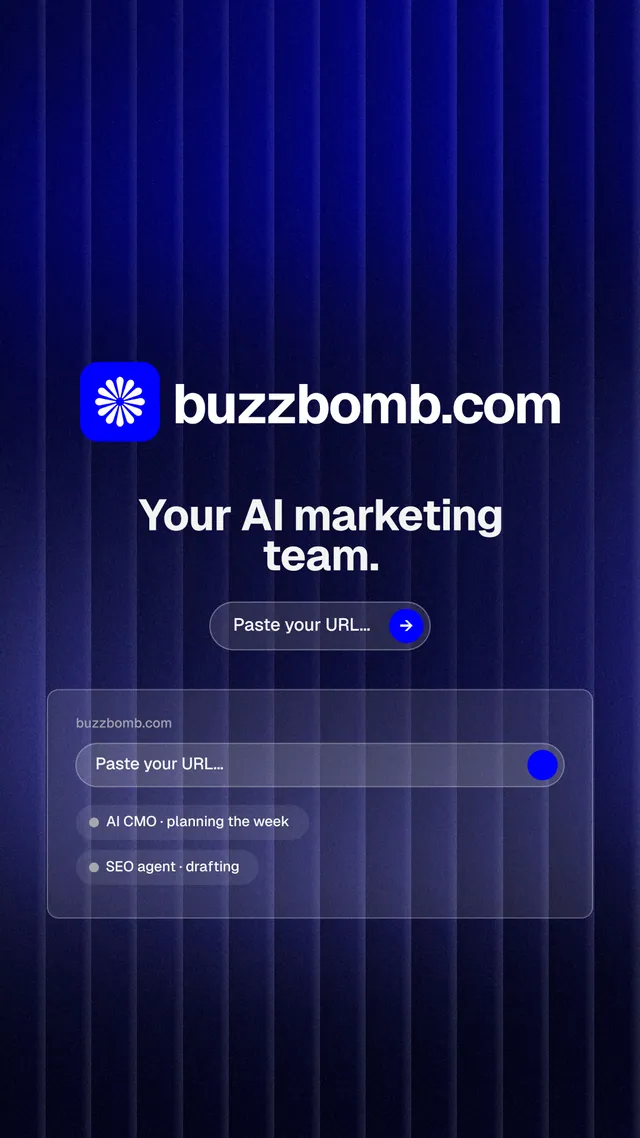 Instagram story for BuzzBomb: "Your AI marketing team." Agentic glass style, logo hero layout, dark palette in black, blue.