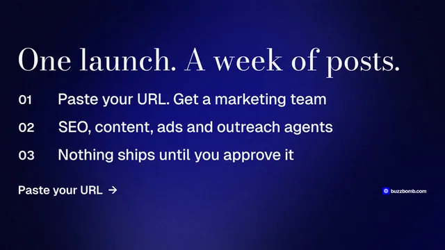 Landscape graphic for BuzzBomb: "One launch. A week of posts." Minimal luxury style, numbered layout, dark palette in black, blue.