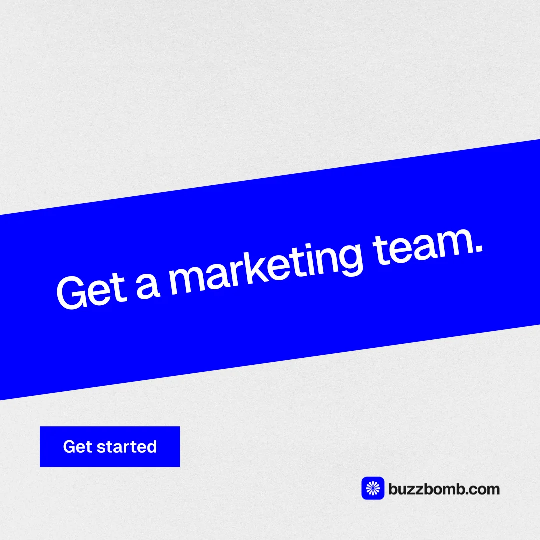 Instagram post for BuzzBomb: "Get a marketing team." Swiss style, diagonal layout, light palette in blue, white.