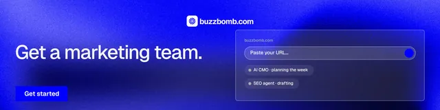 LinkedIn banner for BuzzBomb: "Get a marketing team." Swiss style, bottom layout, dark palette in blue.