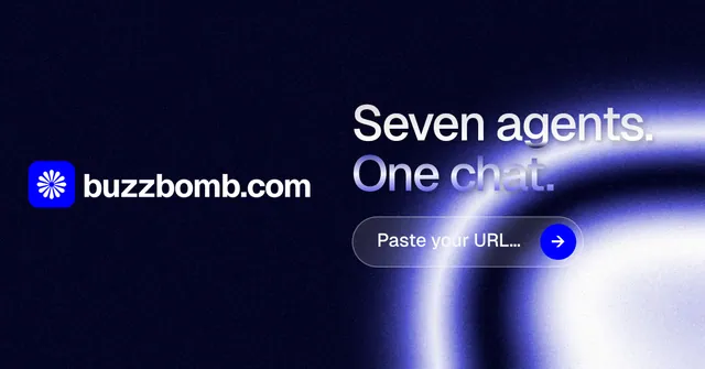Social ad for BuzzBomb: "Seven agents. One chat." Agentic glass style, logo hero layout, dark palette in black, blue.