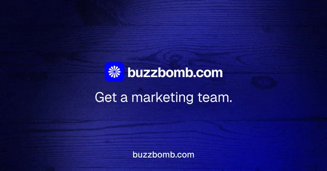 Social ad for BuzzBomb: "Get a marketing team." Swiss style, end card layout, dark palette in blue, black.