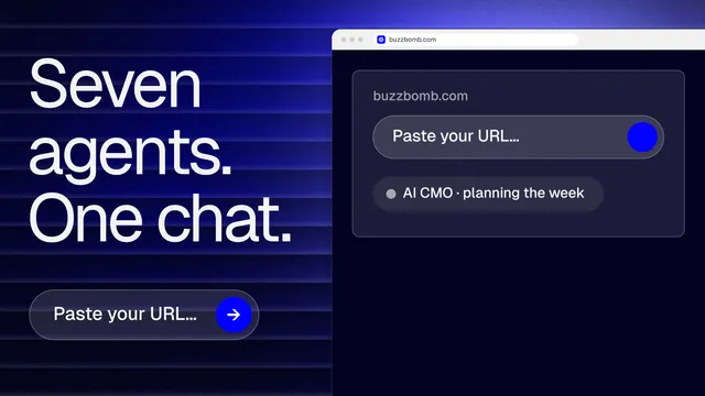 Landscape graphic for BuzzBomb: "Seven agents. One chat." Agentic glass style, browser layout, dark palette in blue, black, grey.