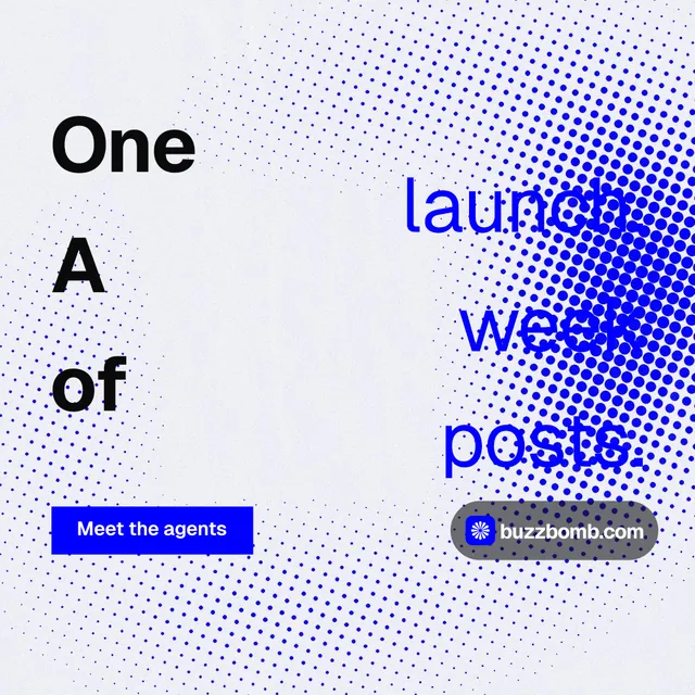 Instagram post for BuzzBomb: "One launch. A week of posts." Swiss style, stacked layout, light palette in white, blue.