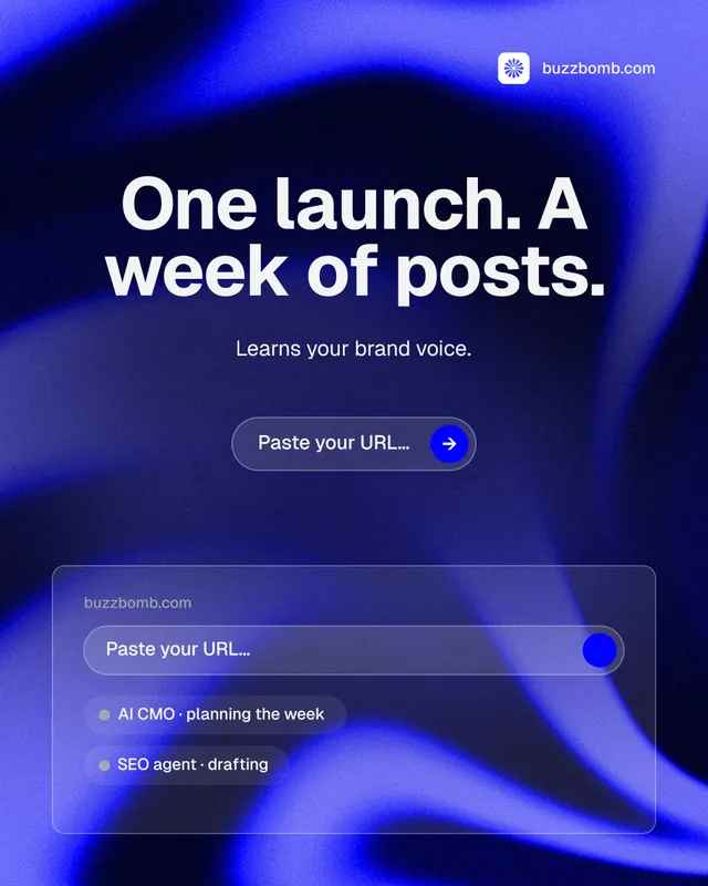 Instagram portrait post for BuzzBomb: "One launch. A week of posts." Agentic glass style, centred layout, dark palette in black, blue.