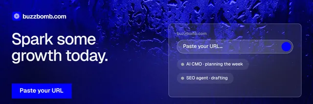 X header for BuzzBomb: "Spark some growth today." Swiss style, bottom layout, dark palette in blue.