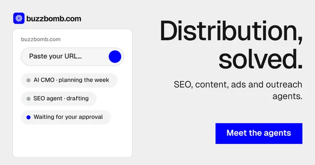 Social ad for BuzzBomb: "Distribution, solved." Swiss style, right layout, light palette in white, blue.