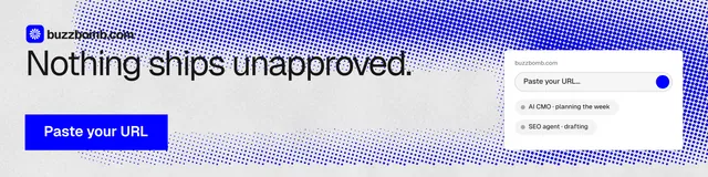 LinkedIn banner for BuzzBomb: "Nothing ships unapproved." Swiss style, skeleton layout, light palette in white, blue.