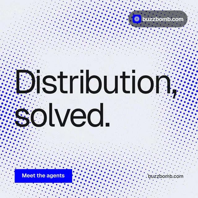 Instagram post for BuzzBomb: "Distribution, solved." Split block style, poster layout, light palette in blue, white.