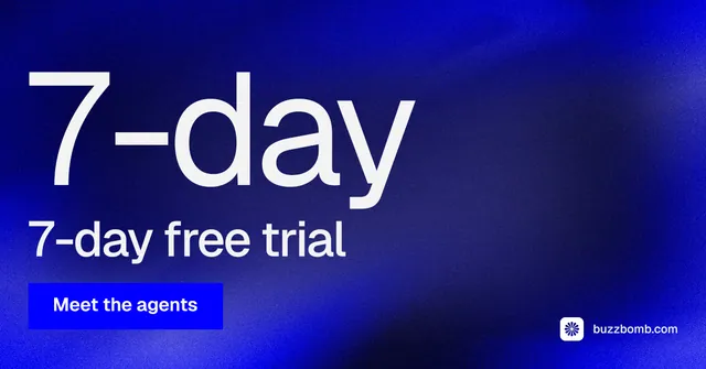 Social ad for BuzzBomb: "Spark some growth today." Swiss style, stat layout, dark palette in blue.