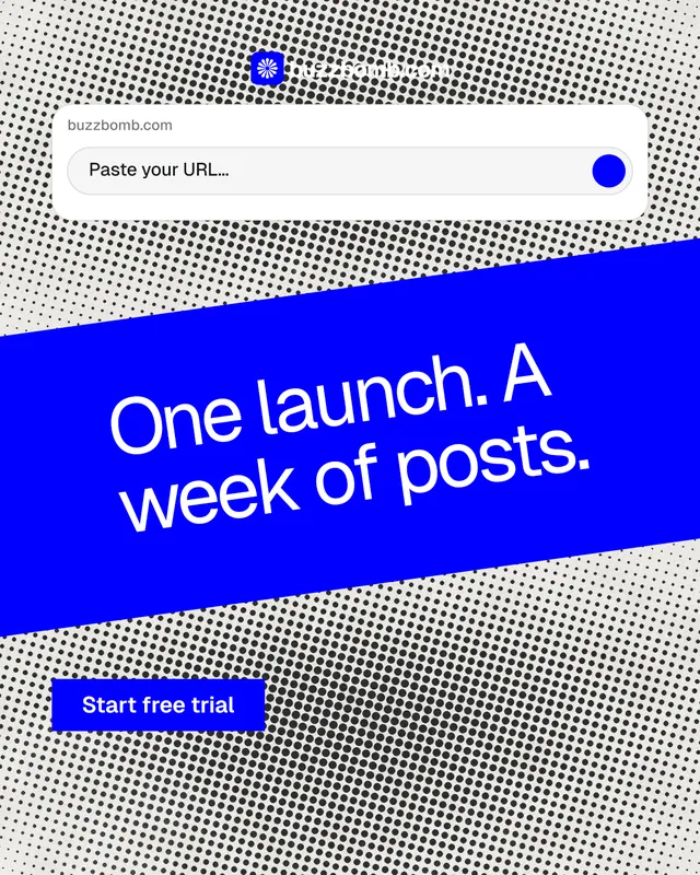 Instagram portrait post for BuzzBomb: "One launch. A week of posts." Swiss style, diagonal layout, light palette in grey, blue, white.
