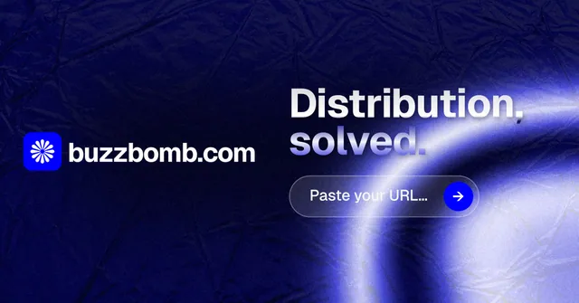 Social ad for BuzzBomb: "Distribution, solved." Agentic glass style, logo hero layout, dark palette in blue, black.