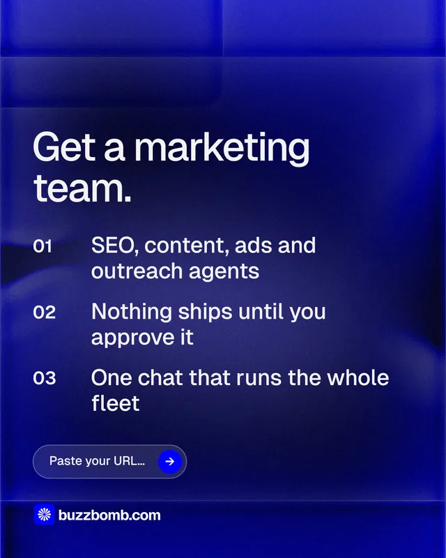 Instagram portrait post for BuzzBomb: "Get a marketing team." Agentic glass style, numbered layout, dark palette in blue.