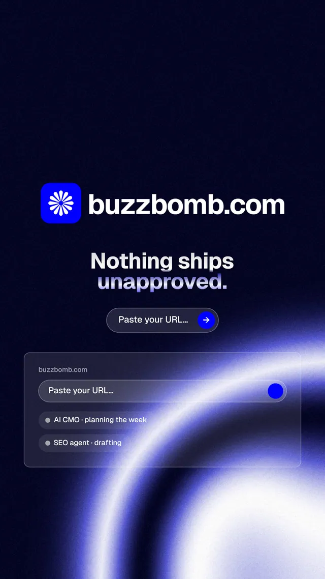 Instagram story for BuzzBomb: "Nothing ships unapproved." Agentic glass style, logo hero layout, dark palette in black, blue.