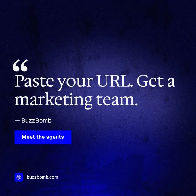 Instagram post for BuzzBomb: "Seven agents. One chat." Swiss style, quote layout, dark palette in black, blue.