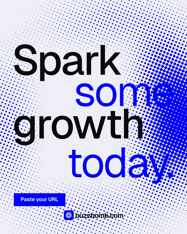 Instagram portrait post for BuzzBomb: "Spark some growth today." Split block style, stacked layout, light palette in blue, white.