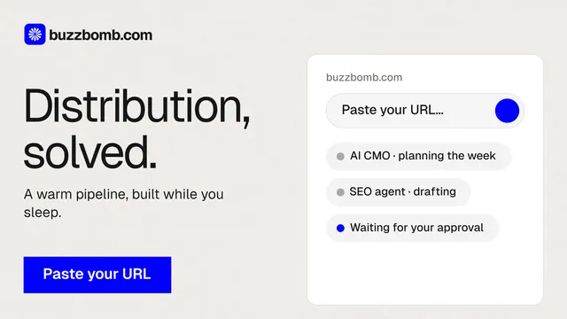 Landscape graphic for BuzzBomb: "Distribution, solved." Swiss style, bottom layout, light palette in white, blue.