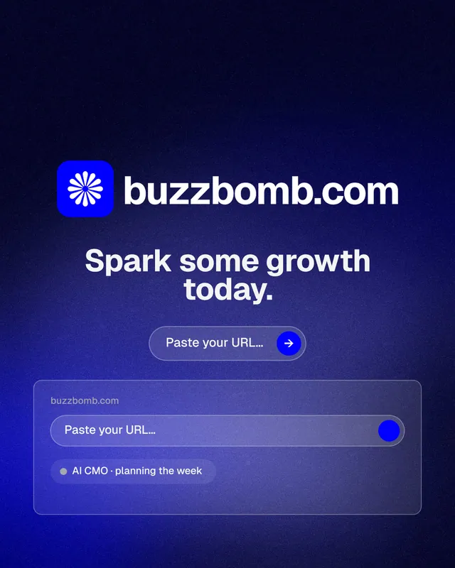 Instagram portrait post for BuzzBomb: "Spark some growth today." Agentic glass style, logo hero layout, dark palette in black, blue.