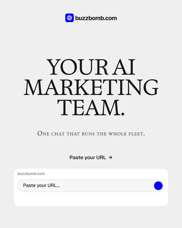 Instagram portrait post for BuzzBomb: "Your AI marketing team." Swiss style, smallcaps layout, light palette in white, grey.