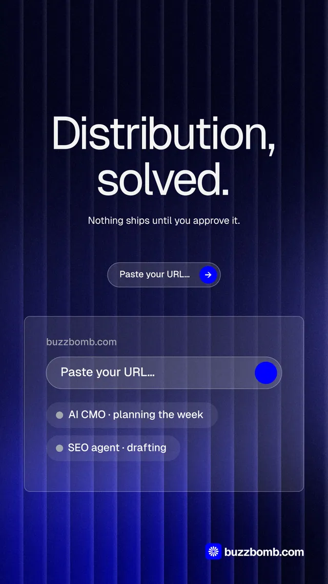Instagram story for BuzzBomb: "Distribution, solved." Agentic glass style, centred layout, dark palette in black, blue, grey.