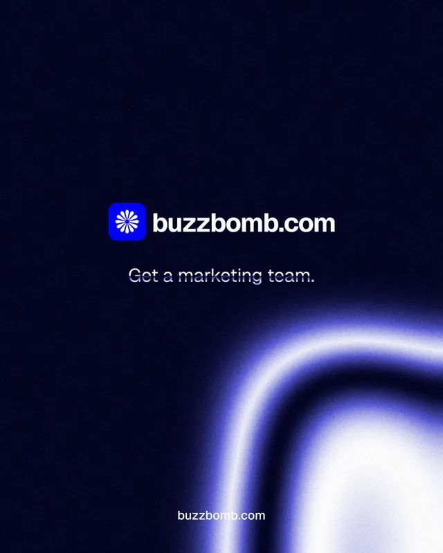 Instagram portrait post for BuzzBomb: "Get a marketing team." Agentic glass style, end card layout, dark palette in black, blue.