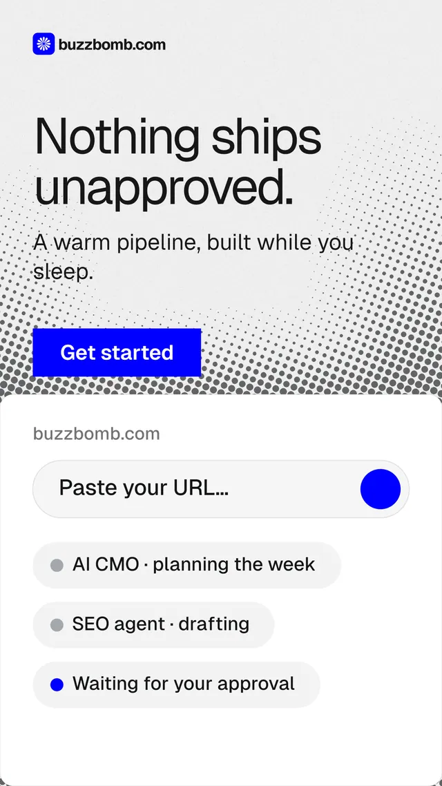 Instagram story for BuzzBomb: "Nothing ships unapproved." Swiss style, skeleton layout, light palette in white, blue.