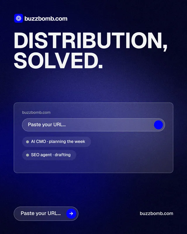 Instagram portrait post for BuzzBomb: "Distribution, solved." Agentic glass style, poster layout, dark palette in blue, black.