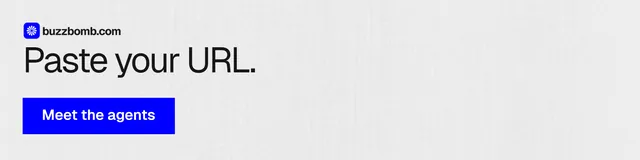 LinkedIn banner for BuzzBomb: "Paste your URL." Swiss style, skeleton layout, light palette in white, blue.