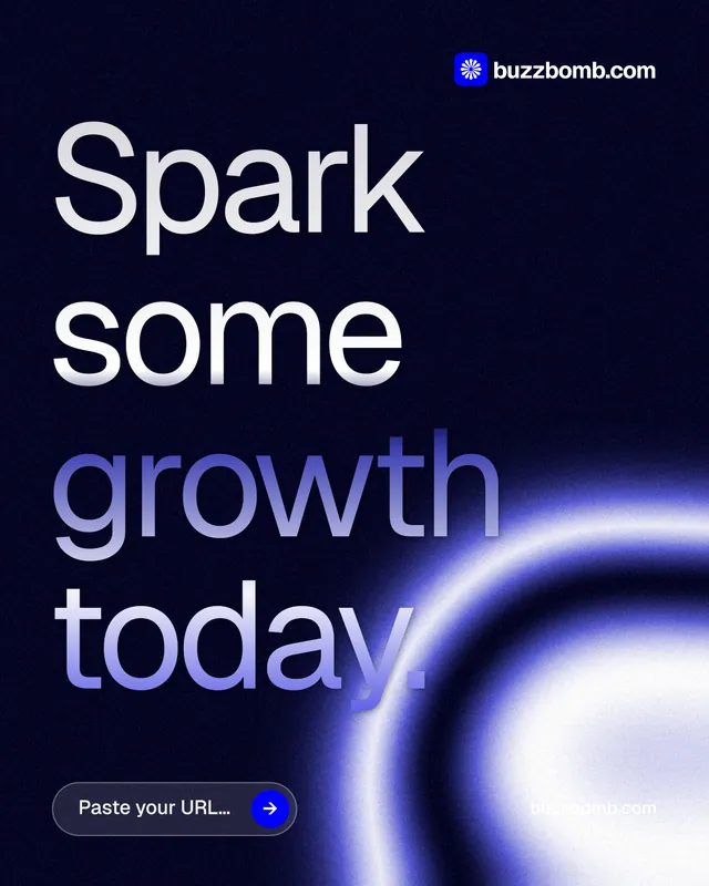 Instagram portrait post for BuzzBomb: "Spark some growth today." Agentic glass style, poster layout, dark palette in black, blue.