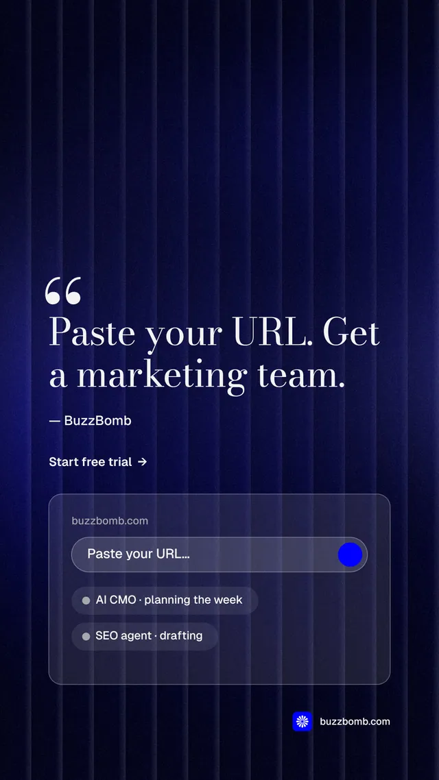 Instagram story for BuzzBomb: "Paste your URL." Minimal luxury style, quote layout, dark palette in blue, black.