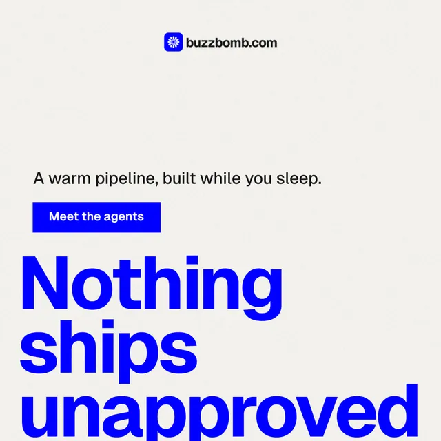 Instagram post for BuzzBomb: "Get a marketing team." Swiss style, oversized layout, light palette in white, blue.