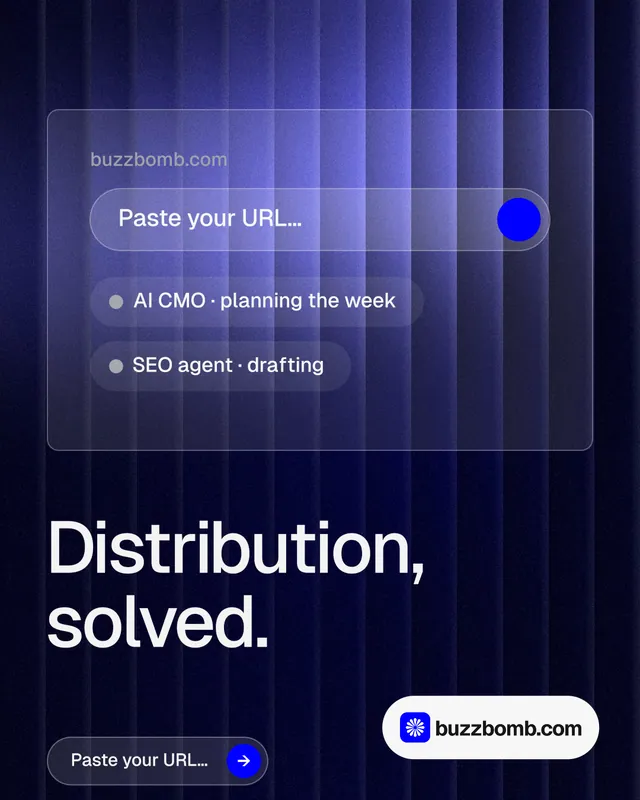 Instagram portrait post for BuzzBomb: "Distribution, solved." Agentic glass style, bottom layout, dark palette in black, blue.
