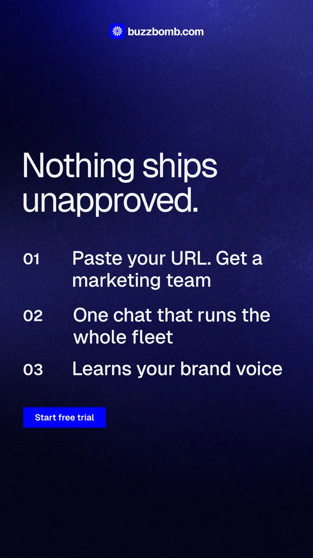Instagram story for BuzzBomb: "Nothing ships unapproved." Swiss style, numbered layout, dark palette in black, blue.