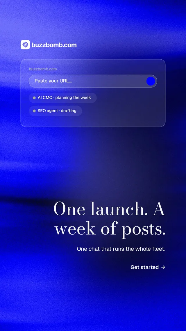 Instagram story for BuzzBomb: "One launch. A week of posts." Minimal luxury style, right layout, dark palette in blue.