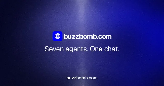 Social ad for BuzzBomb: "Seven agents. One chat." Agentic glass style, end card layout, dark palette in blue.