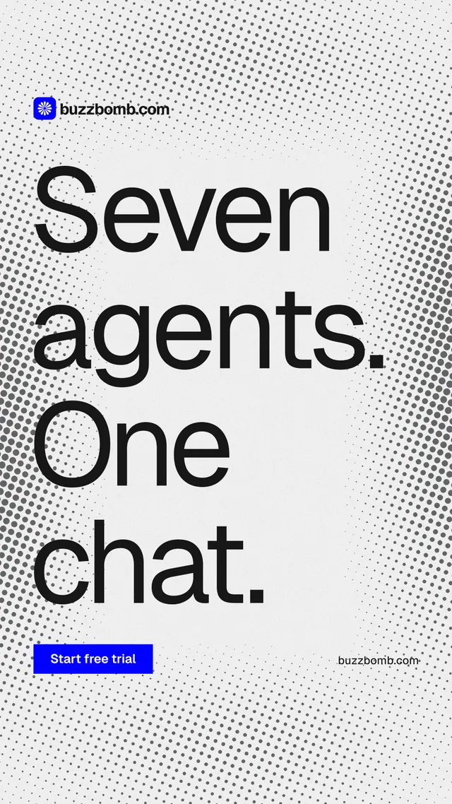 Instagram story for BuzzBomb: "Seven agents. One chat." Swiss style, poster layout, light palette in white, grey.
